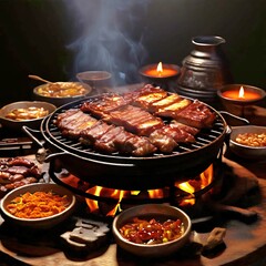 Fototapeta premium Korean food, bulgogi, white rice, bibimbap, kimbap, pork belly, wood charcoal, grilled pork, vegetables, Korean barbecue, barbecue,