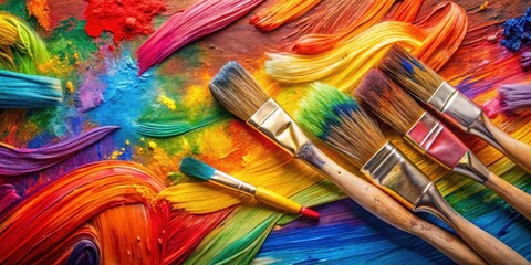 Fototapeta premium Art background with colorful paint strokes and brushes, artistic, abstract, painting, vibrant, creativity, artistic
