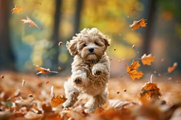 Dog running in leaves in autumn
