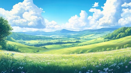 Serene summer anime landscape with rolling hills, distant mountains, and a bright sky filled with soft clouds, capturing a peaceful seasonal scene.