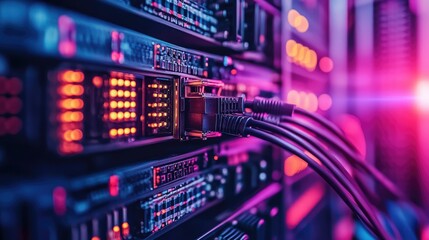Fototapeta premium Server rack with fiber optic cables and a close-up of a networking cable, showcasing high-speed data connections.