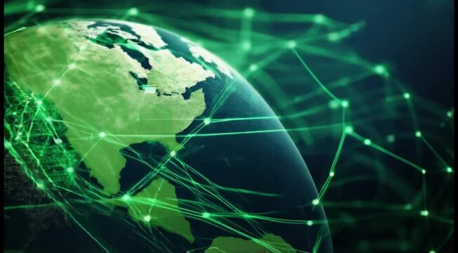 Pulsating green circuits overlaying a digital earth, connecting global ecotechnologies, abstract environment technology, global eco-tech