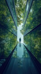 Silhouette of a person standing between tall glass buildings with reflections of trees, evoking a blend of nature and urban architecture.