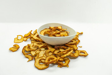 Delicious looking Golden Dried Apple Healthy Dry Fruit Mustang Manang Apple Isolated background for breakfast