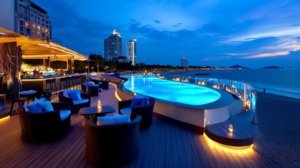 Resort rooftop bar with stunning views of the ocean and skyline.