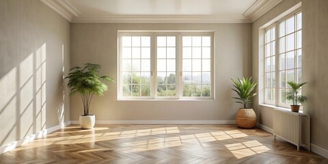 Fototapeta premium Empty room with neutral decor and natural light streaming in the window , move-in ready, minimalist, clean