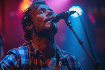 Emotional singer performing live on stage with colorful lights