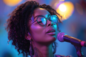Close-up of female singer performing under colorful stage lights