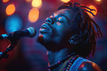 African American male singer passionately performing on stage with microphone
