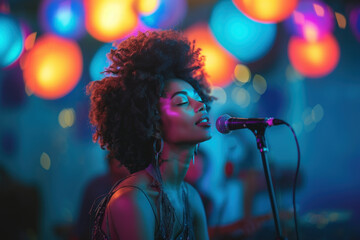 Young woman singing passionately in colorful nightclub setting