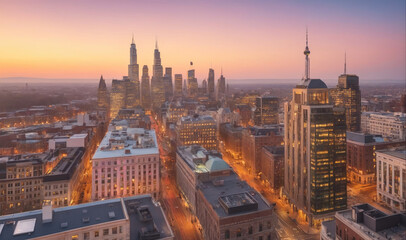 Naklejka premium The Philadelphia skyline glows in the light of a sunrise