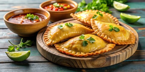 Delicious crispy empanadas served with a savory dipping sauce , savory, appetizer, food photography, snack