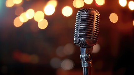 Vintage microphone on stage with bokeh lights in the background, capturing the mood of a retro performance.