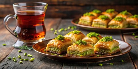 Traditional Turkish dessert pistachio antep baklava with Turkish black tea on rustic table