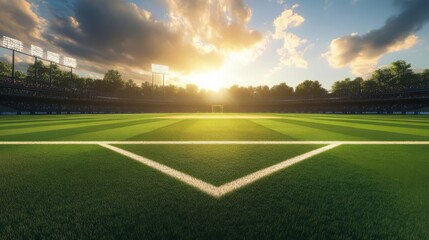 Cricket ground during sunset, shadows on the field, 3D illustration