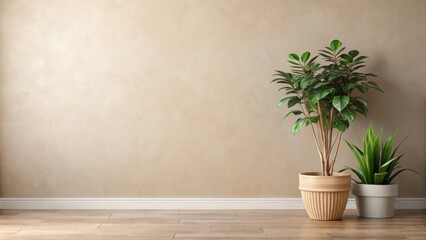Fototapeta premium Neutral colored wall background with a lush potted plant in the foreground, neutral, wall, background, potted plant, indoor