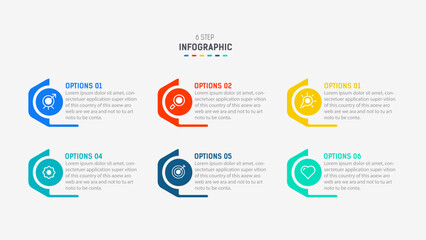 Naklejka premium Business infographics design for Six Step, option, parts or process. Infographic 6 element design template for presentation. process diagram, step banner, flow chart, 6 option template.
