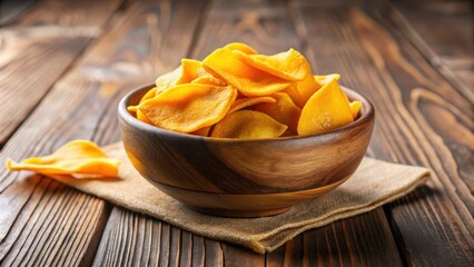 Bowl of delicious mango chips on a wooden table, food, snack, mango, chips, bowl, table, fruit, natural, healthy
