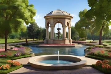 A fountain, flowers and trees in the park