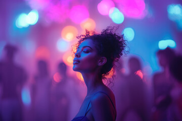 Young woman enjoying colorful lights at vibrant dance party