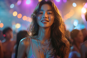 Fototapeta premium Young woman in vibrant nightclub setting with colorful lights