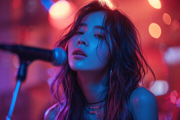 Young woman singing on stage with vibrant neon background