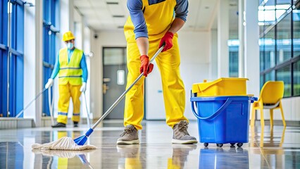 A cleaner in a bright yellow vest and rubber gloves diligently mops a shiny floor with a yellow mop and blue bucket in background.