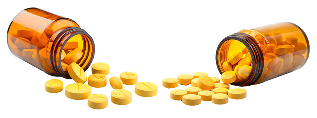 High-resolution PNG image of a bottle of vitamin C supplements with a few tablets scattered around, isolated on a white background