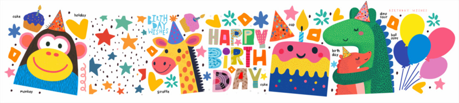 Naklejki Happy Birthday! Vector illustration of kids cute naive  modern animal drawings, character, dino, dinosaur, balloons monkey, giraffe, birthday cake with candle, font for greeting card or poster