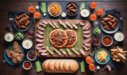 A football-themed spread of food, including pizzas, chicken wings, French fries, and dips, sits on a wooden table