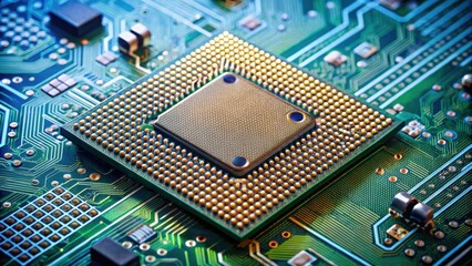 Close-up of a microprocessor chip on a circuit board , technology, electronics, computer, hardware