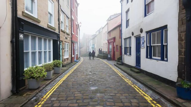 People walking along the quite streets of Staithes a sleepy fishing village on the Yorkshire coast of England. With cobbled streets and old stone built houses. Harbor walls and friendly public houses.