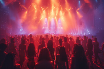 Colorful nightclub crowd at live music concert