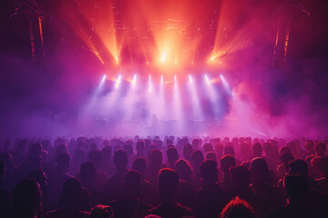 Excited crowd dancing under colorful lights at nightclub