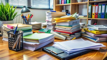 Obraz premium A cluttered workspace with scattered legal documents, files, and paperwork, including contracts, agreements, and certificates, surrounded by pens, highlighters, and a calculator.