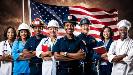 Emotional portrait of diverse professionals and American flag waving in the background. Pride and dedication of the American workforce, celebrating the diversity and unity across various professions