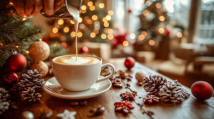Barista creates latte art in a coffee cup surrounded by festive christmas decor