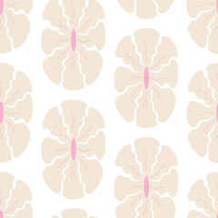 Seamless pattern with abstract geometric flowers in retro hippie style. Vector floral background. Vintage fashionable print with daisy funky flowers in 1970s style