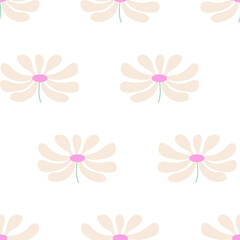 Obraz premium Floral seamless pattern with chamomile flowers in retro groovy style. Vector background with abstract geometric simple flowers