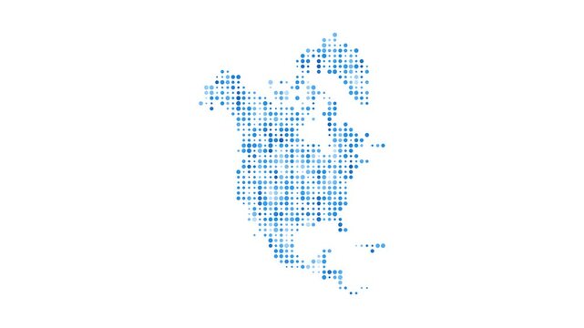 North America dotted digital map. Map of North America with pulsating colored circles. Shape of the continent filled with blue disks. Astonishing video.