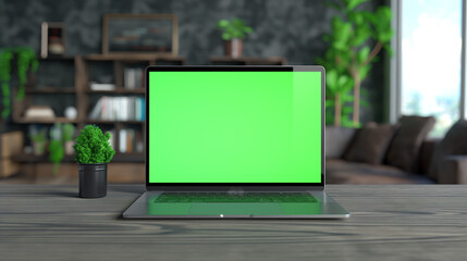 Modern laptop with green screen mock up on a wooden table.
