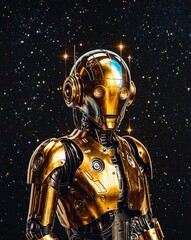 Naklejka premium A golden humanoid robot with intricate mechanical features, round eyes, and a futuristic design, set against a starry space backdrop, evoking advanced technology and space exploration. AI-Generated 