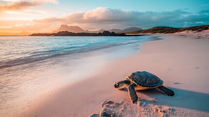 Sea Turtle on a Tropical Beach at Sunset