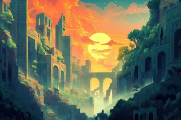 A Sunlit Cityscape with Ancient Ruins and Lush Greenery