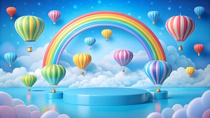 3D rendering of a pastel-colored rainbow-themed podium with hot air balloons and clouds. Ideal for charming product displays with a soft, dreamy atmosphere and ample copy space.