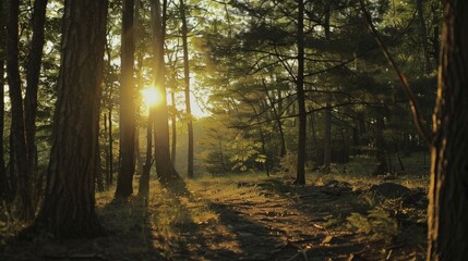 Obraz premium Sunrise Filtering Through Forest Trees