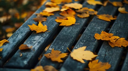 A close-up of a wooden bench covered with fallen golden leaves, with a soft focus on the textured wood and the vibrant colors of the leaves