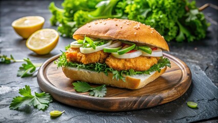 A crispy fried fish sandwich, garnished with fresh greens and served on a rustic stone table, evoking the flavors and charm of Turkish street food.