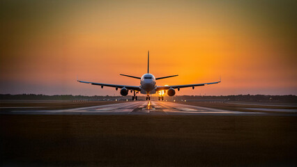 Airplane Landing at Sunset with Vibrant Orange Sky. Commercial Jet Touchdown on Runway. Footage of a jet landing during a striking sunset with a glowing orange sky, capturing the moment of touchdown o
