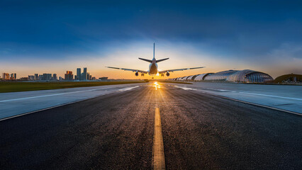 A large airplane lands on a runway at sunset with a vibrant city skyline in the background. The warm colors of the sky and modern skyscrapers create a dramatic, cinematic urban scene 